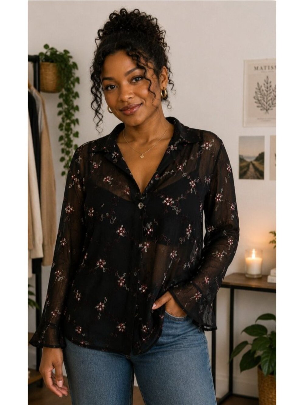 Vintage Embroidered Blouse Boho Sheer Evening Going Out One Button Closure XL
